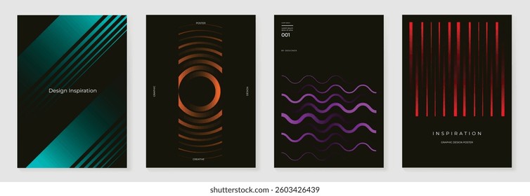 Abstract line wave poster background vector set. Minimalist cover template with vibrant perspective line wave in motion. Ideal design for social media, cover, banner, flyer, music, ads.