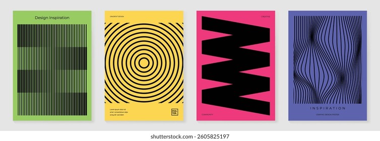 Abstract line wave poster background vector set. Minimalist cover template with vibrant perspective line wave in motion. Ideal design for social media, cover, banner, flyer, music, ads.