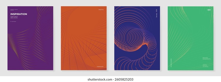 Abstract line wave poster background vector set. Minimalist cover template with vibrant perspective line wave in motion. Ideal design for social media, cover, banner, flyer, music, ads.