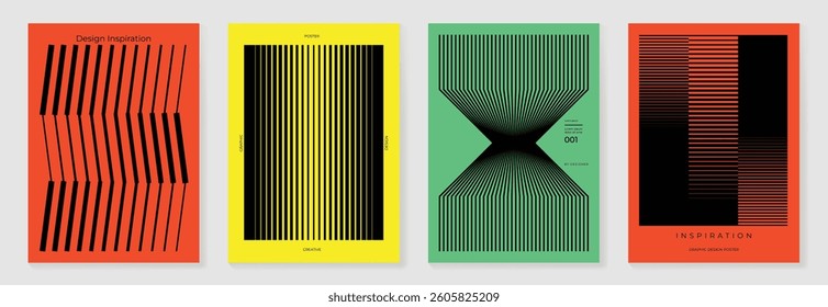 Abstract line wave poster background vector set. Minimalist cover template with vibrant perspective line wave in motion. Ideal design for social media, cover, banner, flyer, music, ads.