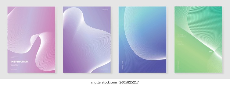 Abstract line wave poster background vector set. Minimalist cover template with vibrant perspective line wave in motion. Ideal design for social media, cover, banner, flyer, music, ads.