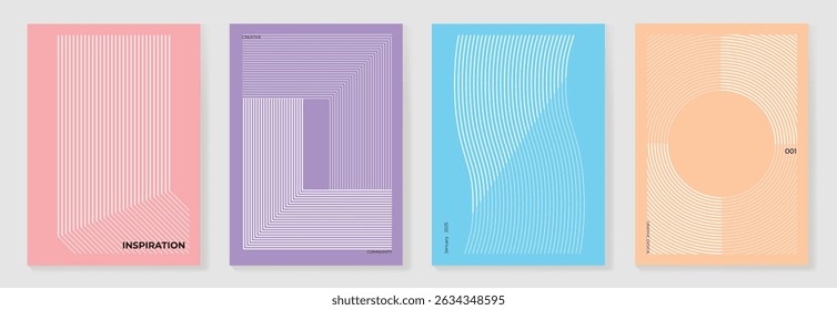 Abstract line wave poster background vector set. Minimalist cover template with vibrant perspective line wave in motion. Ideal design for social media, cover, banner, flyer, music, ads.