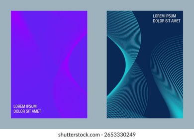 Abstract line wave poster background purple vector set. Minimalist cover template with vibrant perspective line wave in motion EPS 10