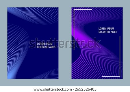 Abstract line wave poster background blue vector set. Minimalist cover template with vibrant perspective line wave in motion EPS 10