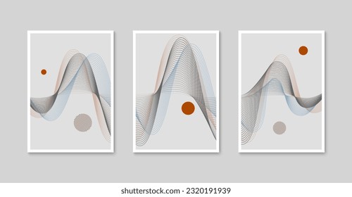 Resumen del juego de afiches de ola de línea. Diseño de arte minimalista para papel pintado, decoración de pared, cubiertas, tarjetas de impresión. Moderno fondo artístico creativo. Ilustración vectorial.