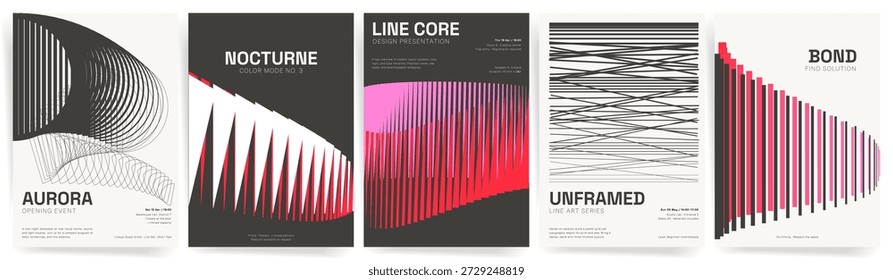 Conjunto de Vector de póster de onda de línea Abstractas. Rayas degradadas, imágenes musicales y Plantillas de portada de arte de líneas geométricas. Vibrante diseño moderno ideal para festivales de música, redes sociales, Anuncios, anuncios, eventos.