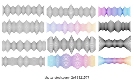 Abstract line waveforms set. Modern geometric design elements inspired by sound and data visualization, perfect for tech backgrounds, digital posters, motion graphics, and futuristic minimal 