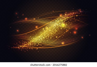 Abstract line waves of motion golden light effect vector illustration. Futuristic dynamic energy flare with shining glitter particles, luxury gold wavy flash in shining space in dark background
