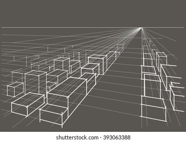 abstract linear architectural sketch city landscape perspective on gray background