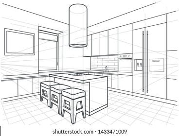 Abstract linear architectural sketch interior modern kitchen with island