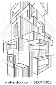 abstract linear architectural sketch of abstract multi storey modern building