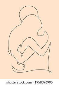 Abstract linear art. Loving couple hug close together. Romantic and tender illustration for your design, print, poster, mobile case, sign, tatoo. Trendy  minimalism style in one line continuing