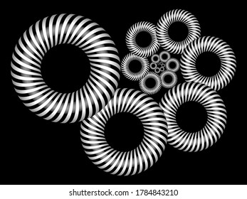 Abstract linear black and white Spiral Fractal. High Saturated. Gradients Different Geometrical Shapes