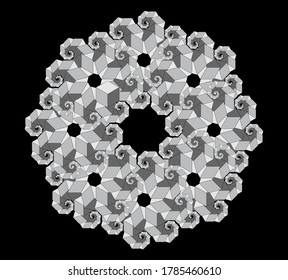 Abstract linear black and white Spiral Fractal. High Saturated. Gradients Different Geometrical Shapes