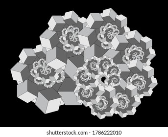 Abstract linear black and white Spiral Fractal. High Saturated. Gradients Different Geometrical Shapes