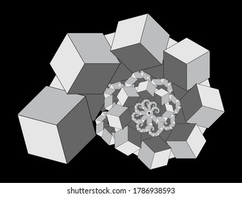 Abstract linear black and white Spiral Fractal. Decor element. Different Geometrical Shapes