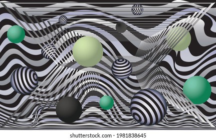 Fondo de color lineal abstracto. Superficie ondulada a rayas con esferas decorativas. Ilustración del vector