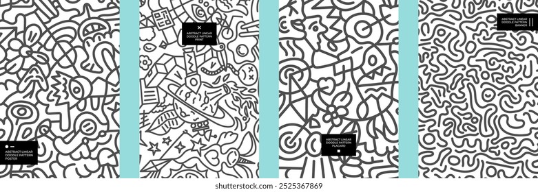 Conjunto de cartazes de padrão de doodle linear abstrato. Preto negrito marcador contorno caótico decoração impressão. Design moderno de cartaz moderno com linhas de rabisco à mão livre. Papel de parede gráfico de arte monocromática contemporânea