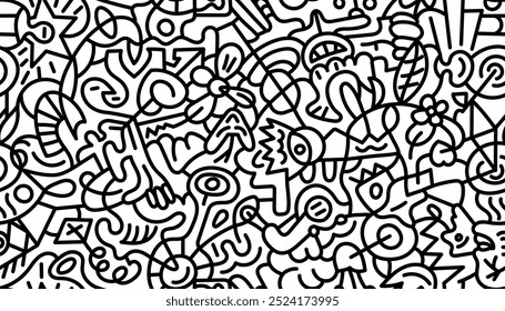 Abstractas patrón de doodle lineal sin fisuras. Negro negrita marcador contorno caótico estampado interminable sobre fondo blanco. Diseño moderno de moda con Formas de garabatos. Fondo de pantalla gráfico de arte monocromático contemporáneo