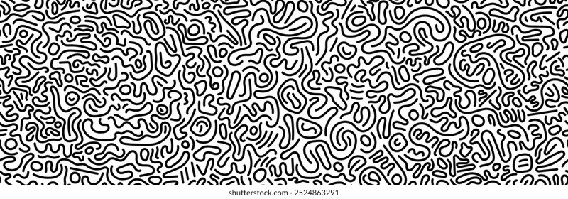 Abstract linear doodle seamless pattern. Black bold marker outline chaotic endless print on white backdrop. Modern trendy scribble urban style shapes. Monochrome diffusion lines art ink graphic design