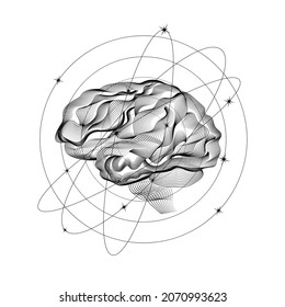 Abstract linear drawing of a brain surrounded by stars in orbits. Black and white simple vector illustration. Concept of thoughts, dreams, science