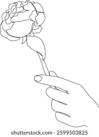 Abstract linear drawing of a female hand with a flower. Logo, emblem. Hand drawn without artificial intelligence