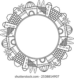 Abstract linear drawing of Jerusalem city round housing facade. Use as template copy space for greeting, invitation, religious and historical city events
