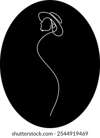 Abstract linear drawing of woman in hat. Female silhouette one line drawing. Surrealistic drawing. Vector illustration hand drawn without artificial intelligence