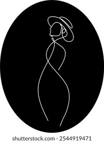 Abstract linear drawing of woman in hat. Female silhouette one line drawing. Surrealistic drawing. Vector illustration hand drawn without artificial intelligence