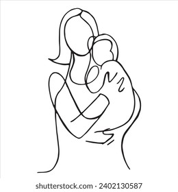 abstract linear drawing of a woman holding a child in her arms. motherhood theme, outline vector illustration