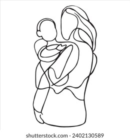 abstract linear drawing of a woman holding a child in her arms. motherhood theme, outline vector illustration