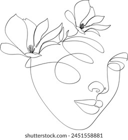 Dibujo lineal Abstractas de la cara de una mujer con flores. Trabajo manual sin inteligencia artificial