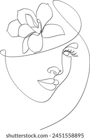 Abstract linear drawing of a woman's face with flowers. Manual work without artificial intelligence