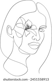 Abstract linear drawing of a woman's face with flowers. Manual work without artificial intelligence