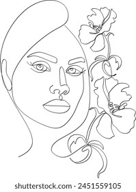 Abstract linear drawing of a woman's face with flowers. Manual work without artificial intelligence
