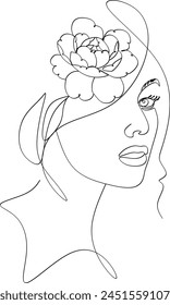 Abstract linear drawing of a woman's face with flowers. Manual work without artificial intelligence