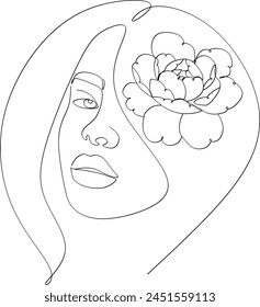 Abstract linear drawing of a woman's face with flowers. Manual work without artificial intelligence