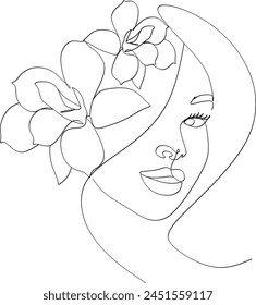 Abstract linear drawing of a woman's face with flowers. Manual work without artificial intelligence