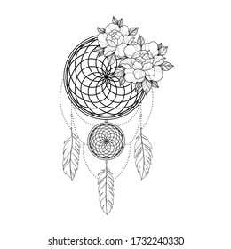 Abstract linear dreamcatcher amulet with peony flowers. Tattoo dreamcatcher. Mehendi illustration. Vector illustration