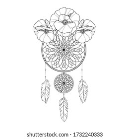 Abstract linear dreamcatcher amulet with poppies flowers. Tattoo dreamcatcher. Mehendi illustration. Vector illustration