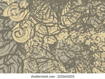 Abstract linear floral background in golden tonality for interior solutions or fabrics. Beautiful backdrop like a lace for fashion trends, wallpaper, invitation cards, prints, textiles, covers, tiles