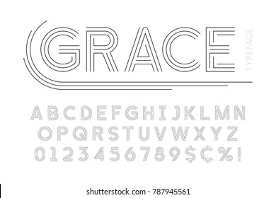 Abstract linear font, letters and numbers vector illustration. Not expanded strokes