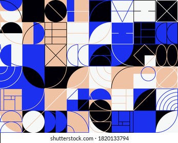 Abstract linear geometric pattern texture inspired by Bauhaus design style. Modern geometry composition artwork with simple vector shapes and basic forms, great for poster design and web presentation.