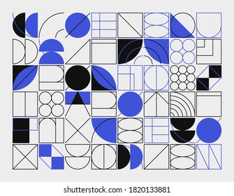 Abstract linear geometric pattern texture inspired by Bauhaus design style. Modern geometry composition artwork with simple vector shapes and basic forms, great for poster design and web presentation.