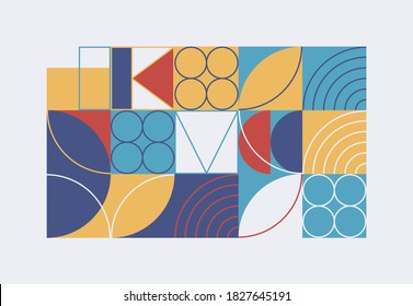 Abstract linear geometric pattern texture inspired by Bauhaus design style. Modern geometry composition artwork with simple vector shapes and basic forms, great for poster design and web presentation.