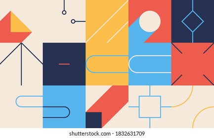 Abstract linear geometric pattern texture inspired by Bauhaus design style. Modern geometry composition artwork with simple vector shapes and basic forms, great for poster design and web presentation.