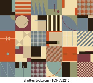 Abstract linear geometric pattern texture inspired by Bauhaus design style. Modern geometry composition artwork with simple vector shapes and basic forms, great for poster design and web presentation.