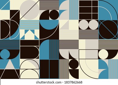 Abstract linear geometric pattern texture inspired by Bauhaus design style. Modern geometry composition artwork with simple vector shapes and basic forms, great for poster design and web presentation.