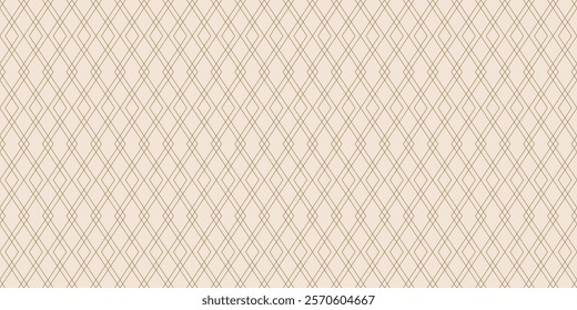 Abstract linear geometric seamless pattern. Gold and beige minimal vector background. Simple golden outline ornament with rhombuses, diamonds, thin lines, grid. Subtle luxury texture. Repeated design