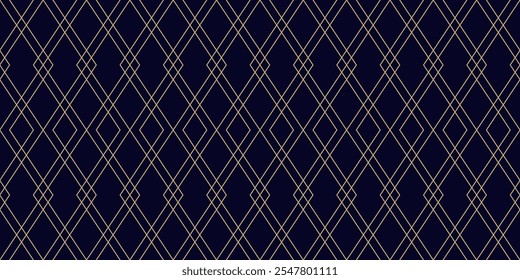 Abstraktes lineares goldenes geometrisches nahtloses Muster. Minimaler Vektorhintergrund in Gold und Schwarz. Einfache Umrissverzierung mit Rauten, Diamanten, dünnen Linien, Gitter. Subtile Luxus-Textur. Wiederholter Entwurf